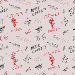 Vector seamless modern pattern with text, pen lettering, doodle, crooked handwriting, rock star words on beige background. Abstract fashion pattern print pattern in hand drawing style for boys.