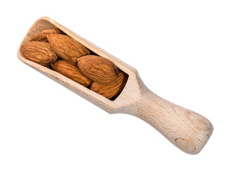 top view of almond seeds in wooden scoop cutout