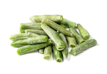 pile of cut and frozen Green Bean closeup on white