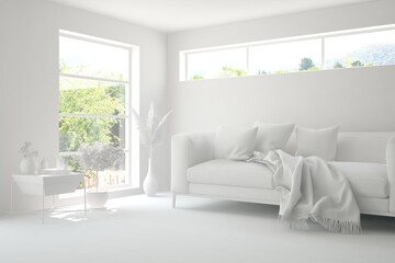 Mock up of stylish room in white color with sofa and green landscape in window. Scandinavian interior design. 3D illustration