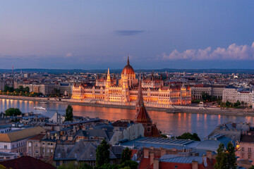 Hungary, evening twilight in Budapest, parliament on the background of night city lights, cityscape