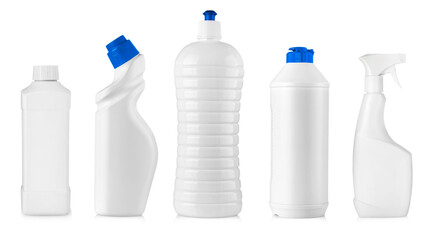set of white kitchen cleaning bottles isolated on white background