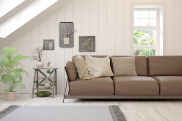 White living room with sofa. Scandinavian interior design. 3D illustration