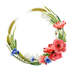 Romantic round frame made of wildflowers. Red poppies, cornflowers, wheat spikelets, and meadow grasses. Watercolor illustration, handmade.