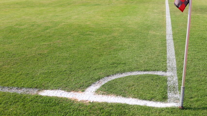 Fototapeta premium Green soccer field corner. Football field and white lines on outdoor green lawn on a sunny day with flagpoles. spot focus