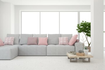 White living room with sofa. Scandinavian interior design. 3D illustration