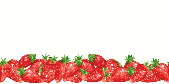 Watercolor horizontal Strawberry border. Design for labels on cans with canned food. Healthy eating.