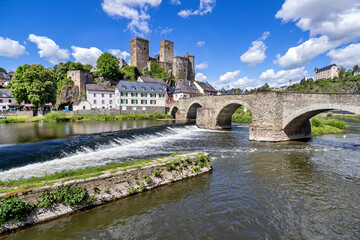 Fototapeta premium river Lahn in Runkel, Germany with old stone bridge and castle