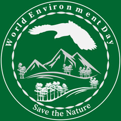 White silhouettes of an eagle, trees and mountains on green background. Text - World Environment Day, Save the Nature. Vector illustration