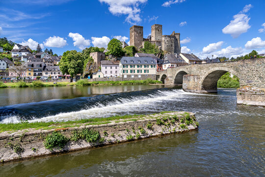 river Lahn in Runkel, Germany with old stone bridge and castle