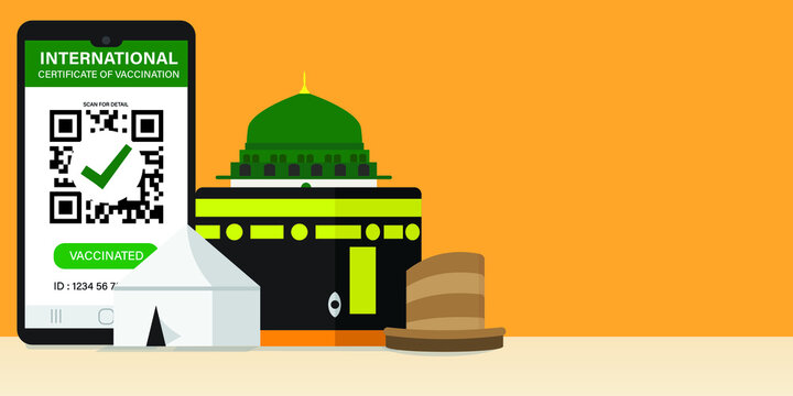 A vector of Hajj places need to visit Kaaba, Arafah tent, nabawi mosque and Mina Jamrah with International Certificate of Vaccination. All pilgrimage need to complete vaccines before perform Hajj.
