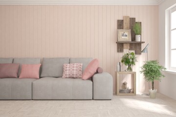 Soft color living room with sofa. Scandinavian interior design. 3D illustration