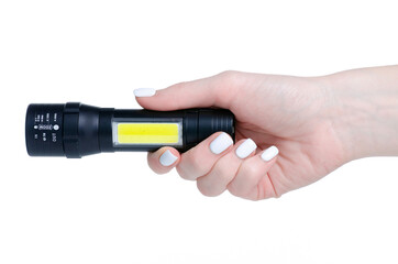 flashlight electric lamp in hand on white background isolation