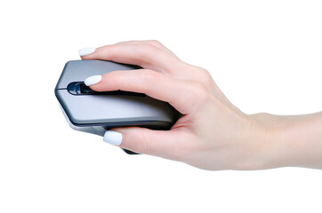 Gray PC mouse in hand on white background isolation