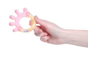 toy rattle in hand on white background isolation