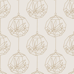 Seamless succulent and cactus plants seamless pattern. Vector tropical illustration of desert flowers in terrarium. Hand drawn line doodle nature print.