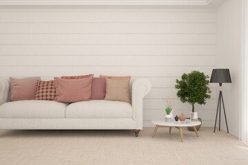 White living room with sofa. Scandinavian interior design. 3D illustration