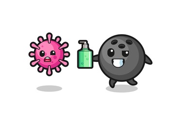 illustration of bowling ball character chasing evil virus with hand sanitizer