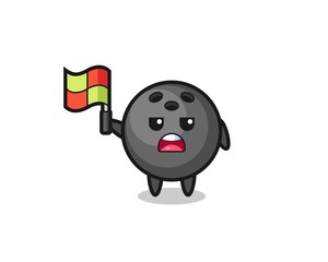 bowling ball character as line judge putting the flag up