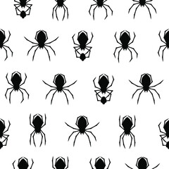 Seamless Pattern Spiders on Web with white Background. Halloween Background Design Element. Spooky, Scary Horror Decoration Vector