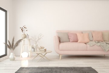 Soft color living room with pink sofa. Scandinavian interior design. 3D illustration