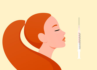 Face injections concept. Cosmetology procedures. Red haired woman and syringe with collagen or hyaluronic acid