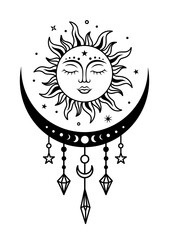 Sun and crescent moon vector silhouette design. Boho sun with face. Monochrome illustration. Symbols of magic and alchemy. Mystical sign. Witchy print.
