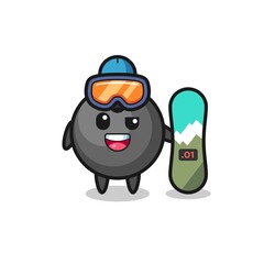 Illustration of bowling ball character with snowboarding style