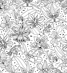 Vector seamless pattern of linear hand drawn orchid flowers. Tropical background