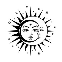 Sun inside the moon. Celestial design. Vector silhouette illustration. Symbols of magic and alchemy. Boho mystical sign. Witchy print.