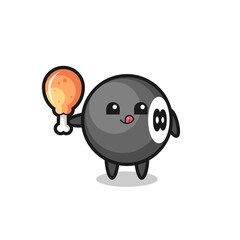 8 ball billiard cute mascot is eating a fried chicken