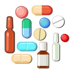 Medicines. Illustration with bottles, tablets, capsules, ampoules. Medicinal drugs. Pharmaceuticals. Ambulance. Pharmacy. Isolated on white background. Flat design. Vector