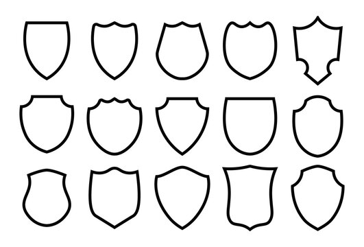 Military or heraldic shield and coat of arms blank icons. Police badge outline set