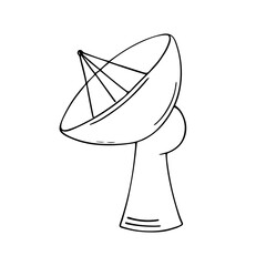 Hand-drawn satellite dish exploring space and extraterrestrial life. Doodle style, simple minimalist drawing. Fantasy cosmic sketch, line art.Isolated.Vector illustration.