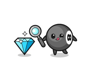 8 ball billiard mascot is checking the authenticity of a diamond