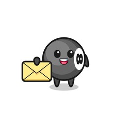 cartoon illustration of 8 ball billiard holding a yellow letter