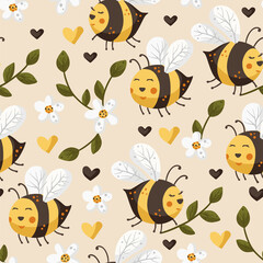 Cartoon bee cute vector seamless pattern. Festive insect and daisy flower summer kids wallpaper design.