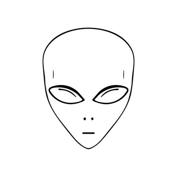 Hand-drawn alien face icon.UFO picture, flying saucer pilot.Doodle style,simple minimalist drawing.Fantasy cosmic sketch,line art.Isolated.Vector illustration