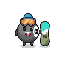 Illustration of 8 ball billiard character with snowboarding style