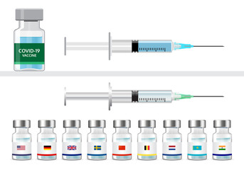 Types of vaccines for Covid-19. Vials and syringes. Coronavirus prevention vaccines from different countries. Flat and 3d looking vector art work. Glass bottles and plastic syringes. Vaccination. 