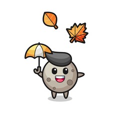 cartoon of the cute moon holding an umbrella in autumn
