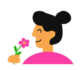 Young woman sniffs a flower. Cartoon. Vector illustration.