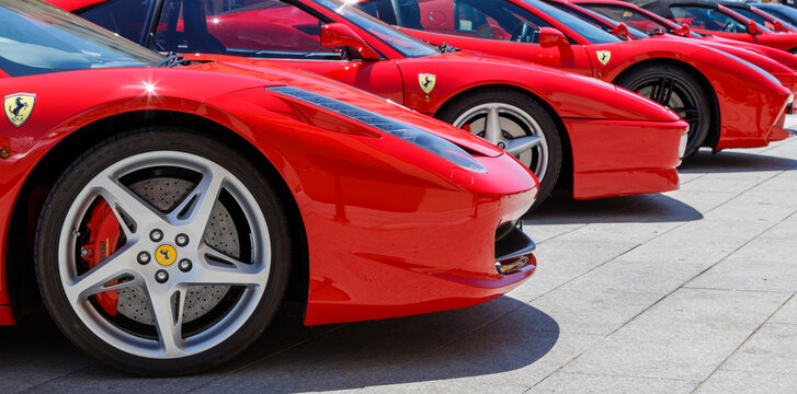 Show of Ferrari cars on the streets of Villasimius, Cagliary region, in Sardinia, Italy.