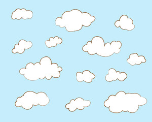 Set of cute hand drawn clouds isolated on blue background, vector illustration