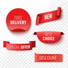 Free delivery, new, best choice, special offer and discount sale banners. Red ribbons, tags and stickers. Vector illustration.