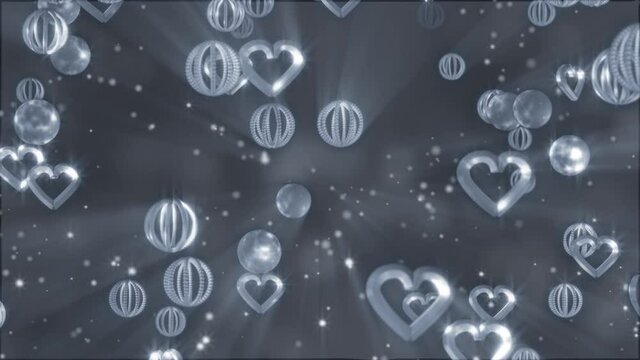 Abstract 3D Christmas New Year or any celebration festive background. 4K 3D silver hearts and balls animation falling and turning.
