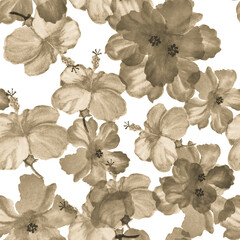 Gray Hibiscus Plant. Brown Flower Set. Colorless Seamless Jungle. Vintage Foliage. Pattern Garden. Watercolor Painting. Tropical Set. Exotic Decor.