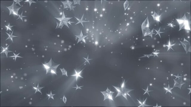 Abstract 3D Christmas New Year or any celebration festive background. 4K 3D animation silver stars slowly  falling and turning.