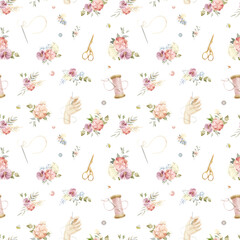 Watercolor Sewing seamless (repeat) pattern with hand with needle, flowers, scissors, needles.
