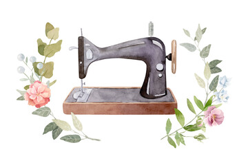 Watercolor hand painted sewing-machine decorated with flowers.